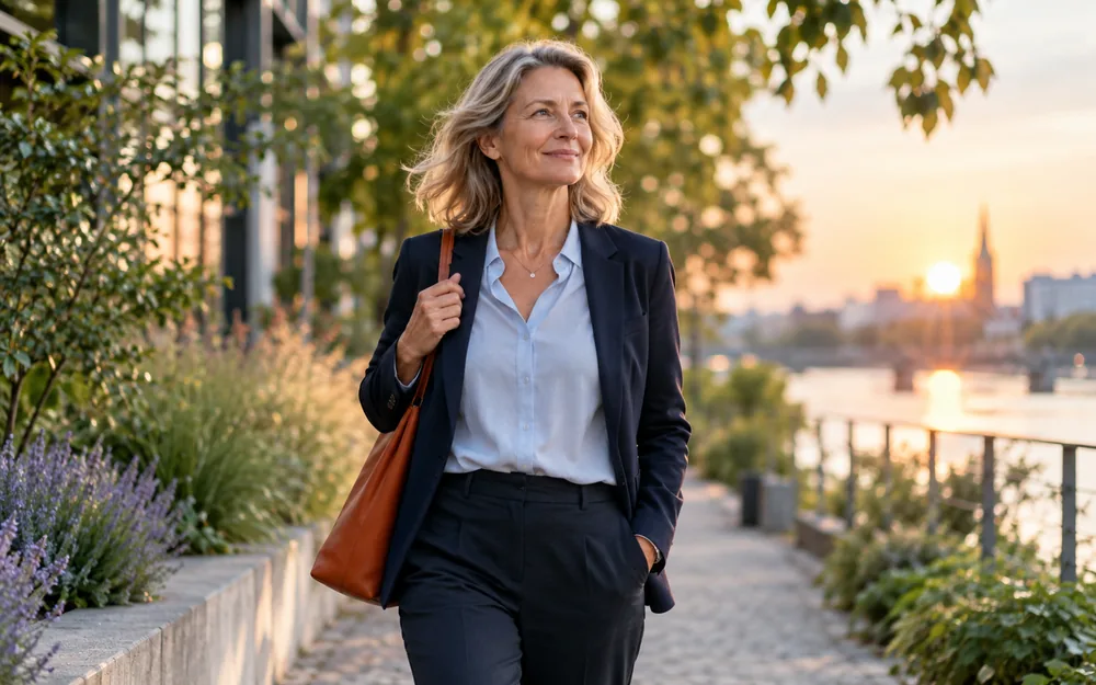 Symbolfoto: Eine Frau geht zuversichtlich durch eine ruhige Umgebung.