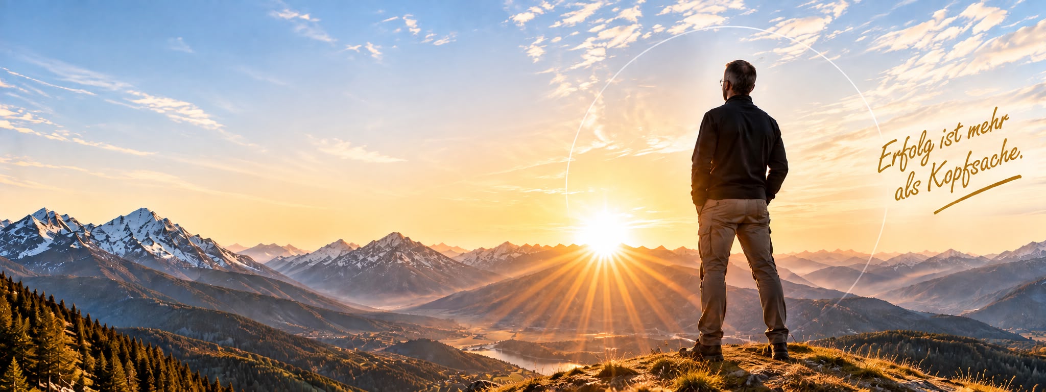 Ein Mann blickt bei Sonnenaufgang über eine Berglandschaft. Schriftzug: Erfolg ist mehr als Kopfsache.