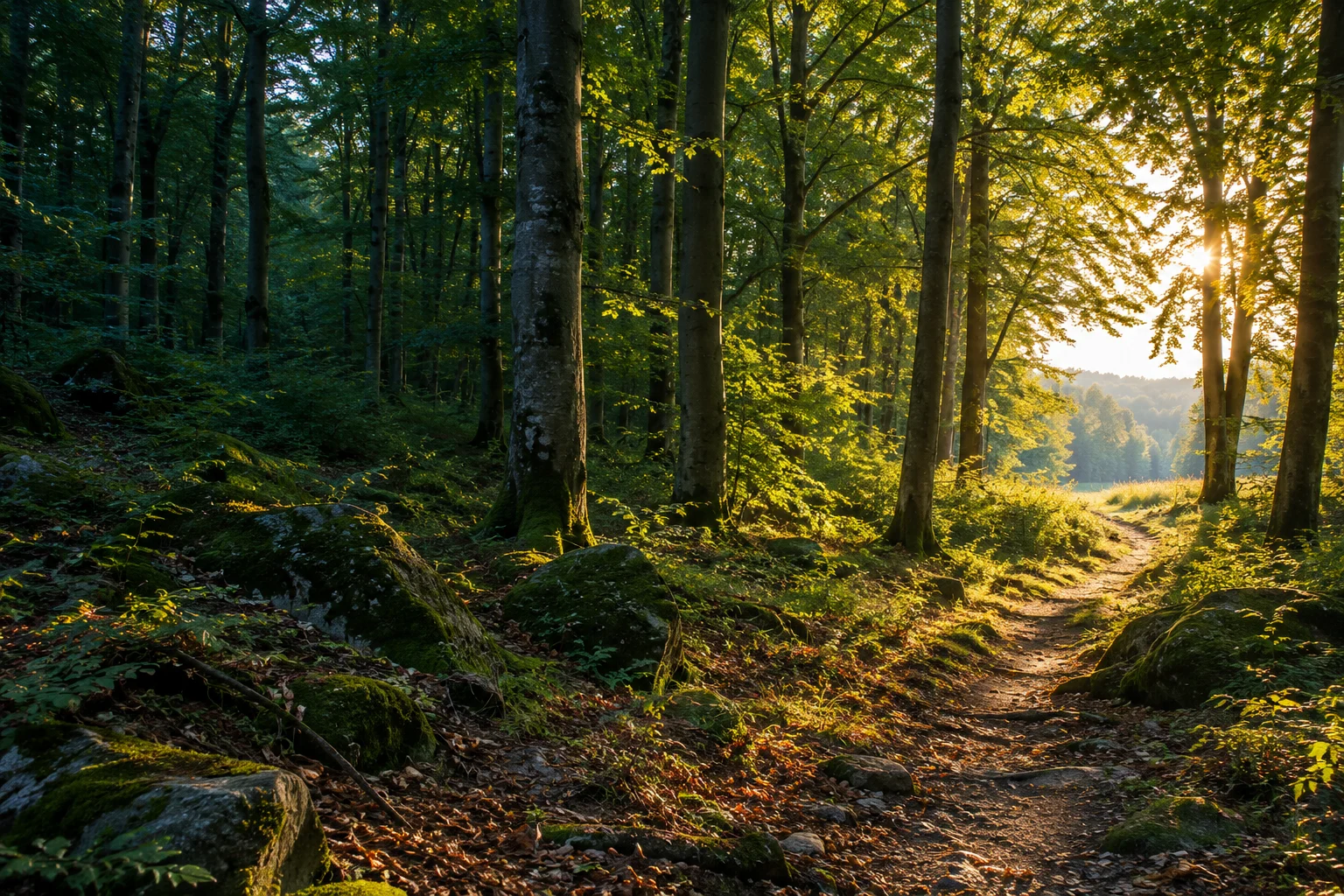 Ein Waldweg führt durch warmes Morgenlicht zu einer Lichtung.